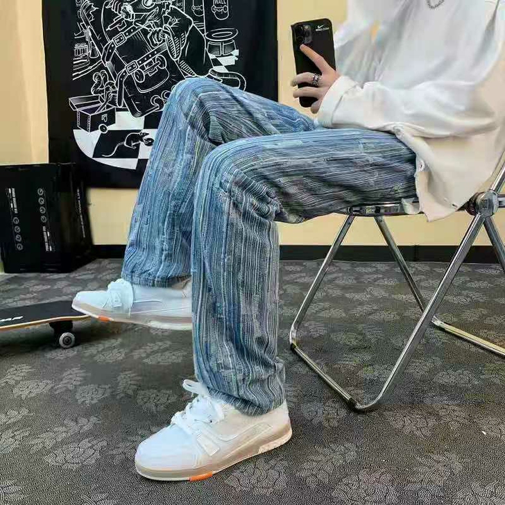 牛仔裤男韩版韩版潮流复古老爹裤宽松直筒休闲...