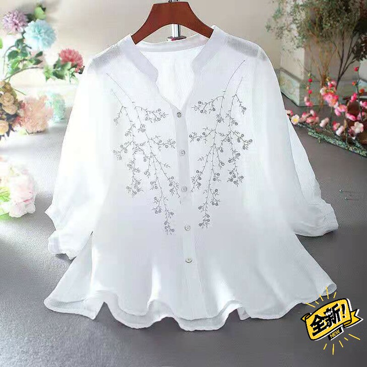 闲置刺绣短袖衬衣女士上衣新款宽松显瘦遮肚子...