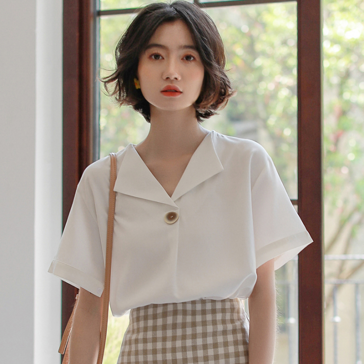 很仙的V领杏色雪纺上衣女遮肚子显瘦洋气白色...