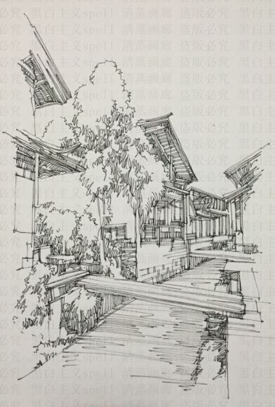风景速写 云南大理风景速写建筑 线性线描工...