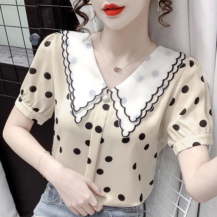 娃娃领雪纺衫女中袖上衣2021夏季新款洋气...