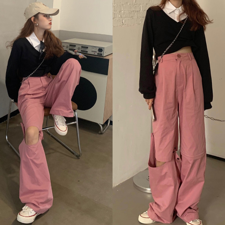 粉色裤子女街头风宽松显瘦阔腿裤高腰直筒拖地...