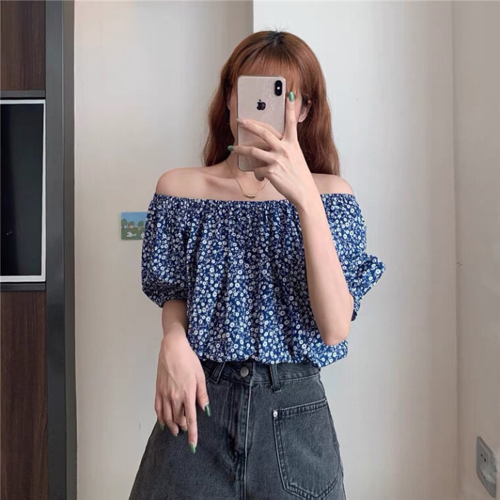 法式一字领碎花短袖衬衫女设计感小众夏季20...