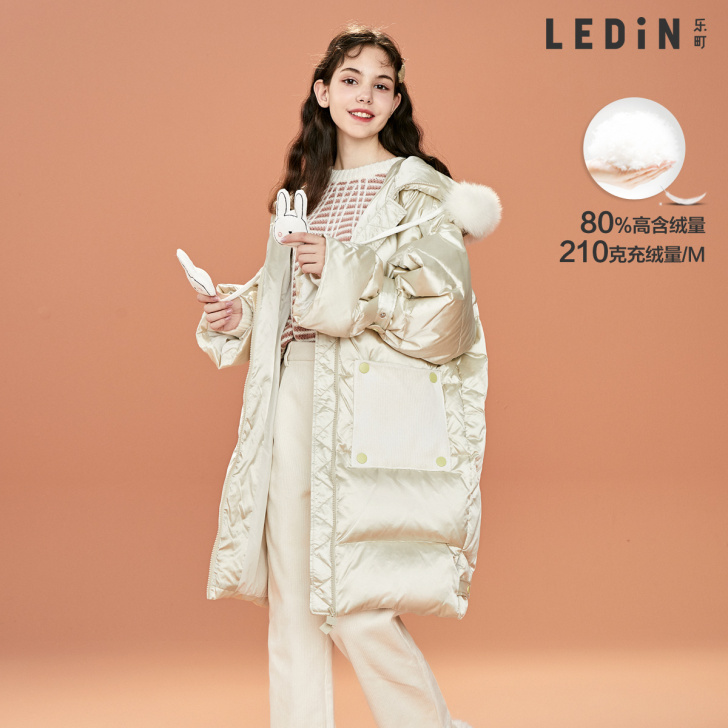 乐町可爱兔子亮面中长款连帽毛领羽绒服女冬季...
