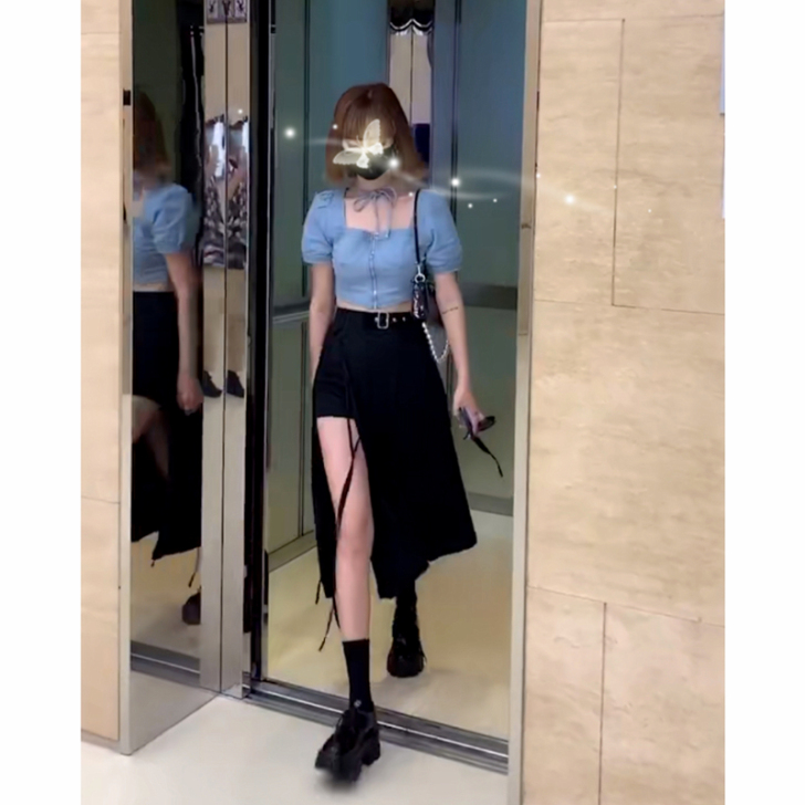 ez黑色垂感半身裙女2020夏新款不规则绑...