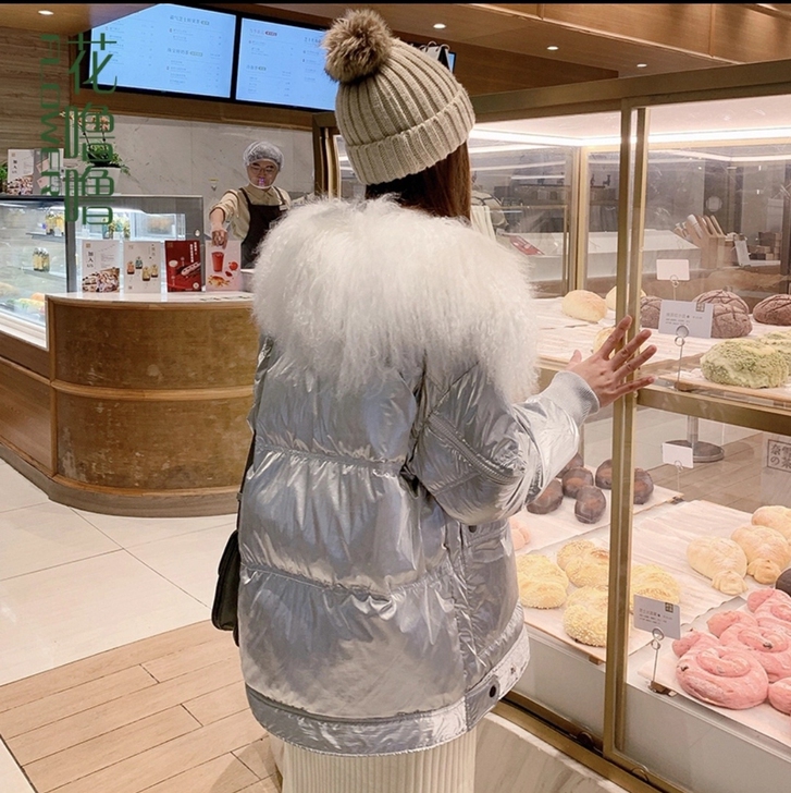 羽绒服女2019年新款潮亮面短款真毛领仙女...