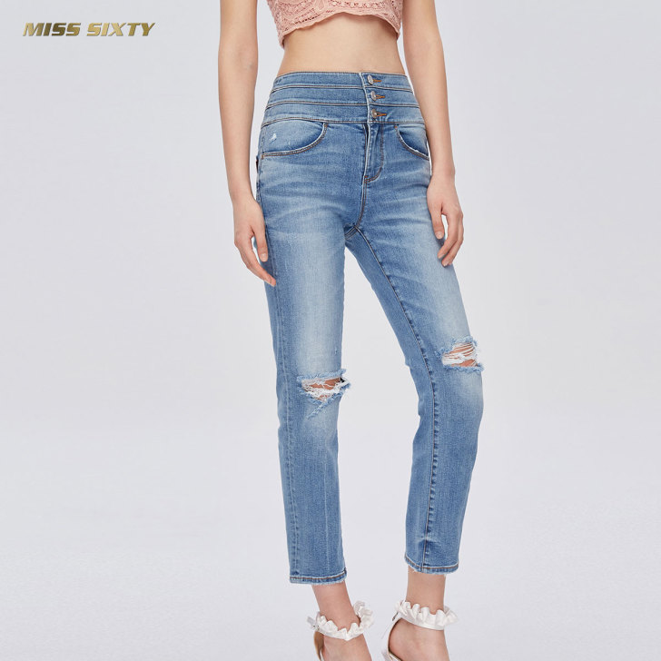 Miss Sixty夏季破洞宽松直筒裤子复...