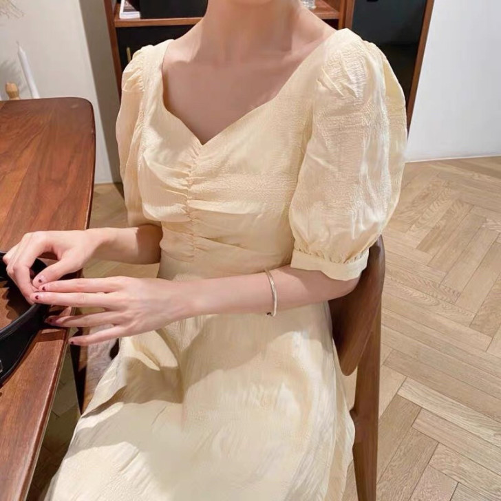 定制款 长短款可选 淡黄色V领雪纺连衣裙2...