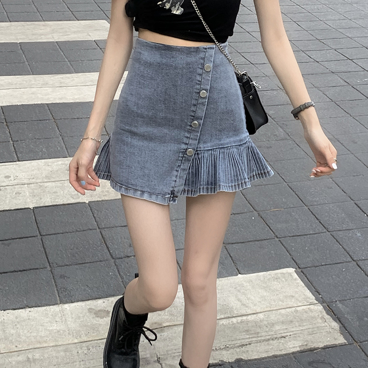 高腰牛仔短裙显瘦小众百褶a字半身裙女春夏季...