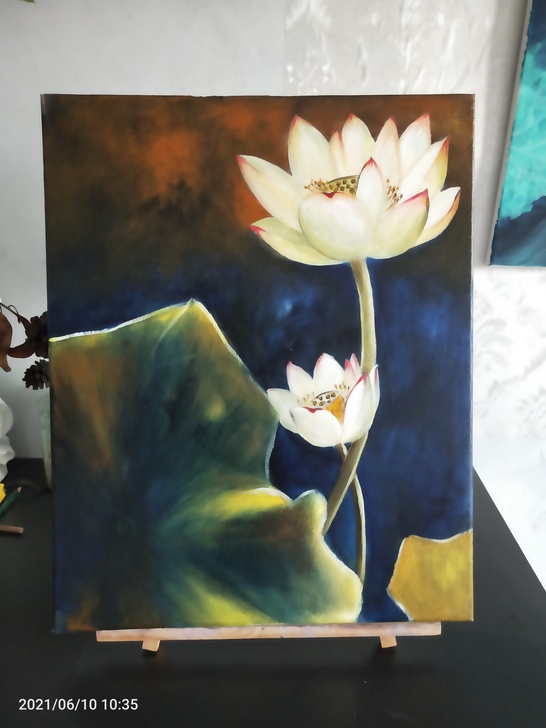 纯手绘油画作品《荷》  风景油画  带内框...