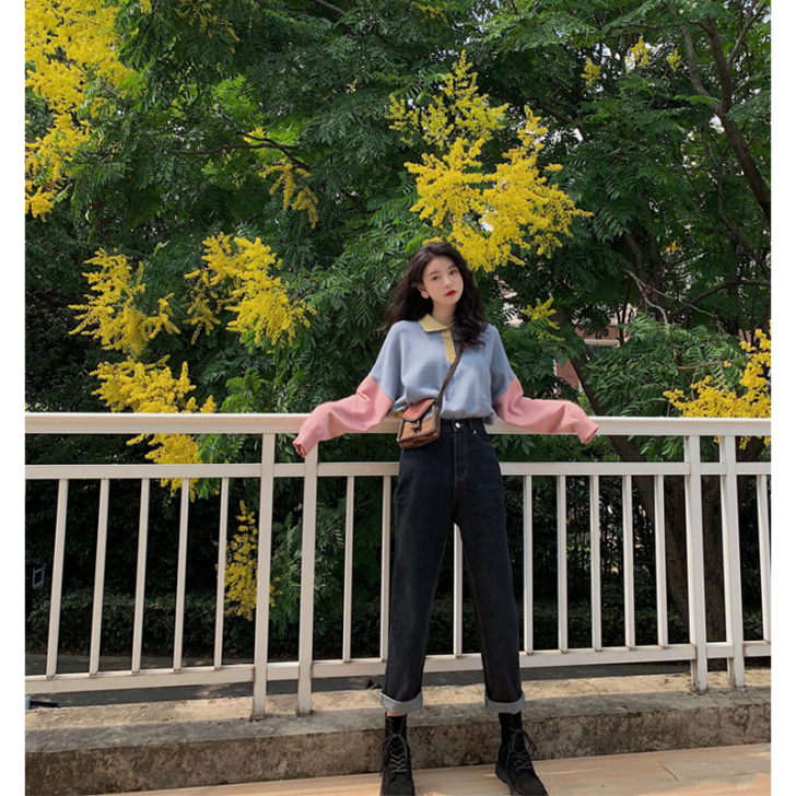 范智乔牛仔裤女直筒宽松烟管裤冬复古港风高腰...