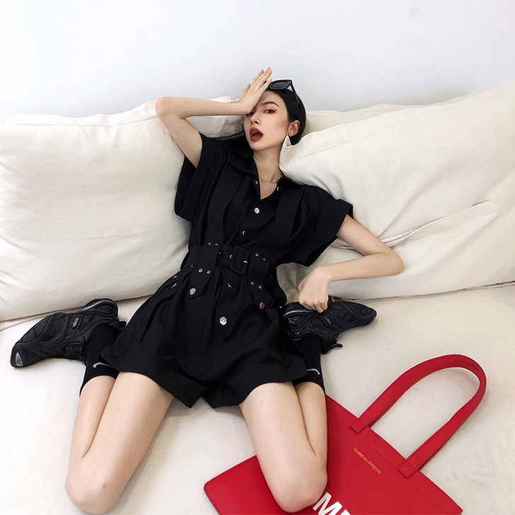 李婉君工装连体裤女显瘦高腰黑色裤子2020...