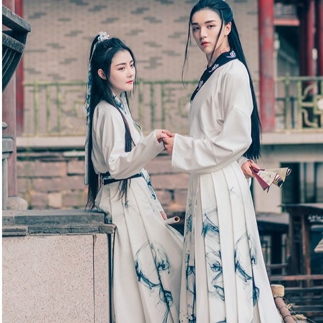 古装水墨交领齐腰三件套男女情侣CP汉服演出...