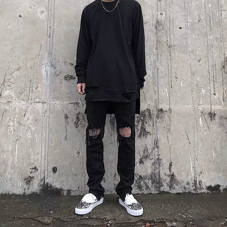 高街破洞牛仔修身百搭小脚裤子男女潮