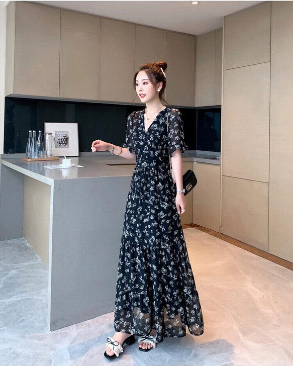 雪纺碎花连衣裙2021新款夏天森系法式桔梗...