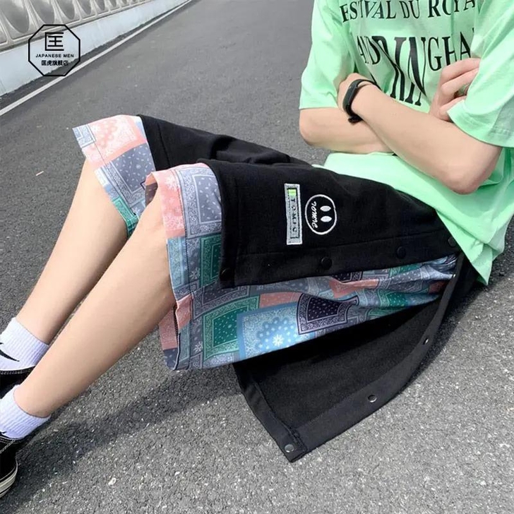 彩色腰果花排扣短裤男夏季宽松潮牌ins港风...