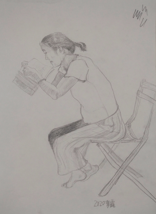 手绘作品，看书的女孩