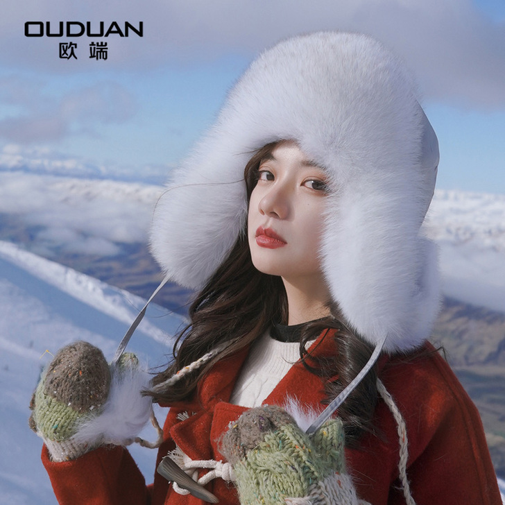 狐狸毛雷锋帽女潮流显瘦滑雪帽护耳毛毛帽子秋...