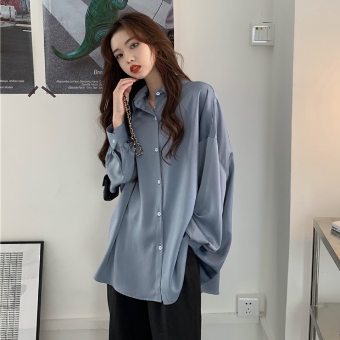 蓝色衬衫女2021春夏新款时尚复古港味设计...