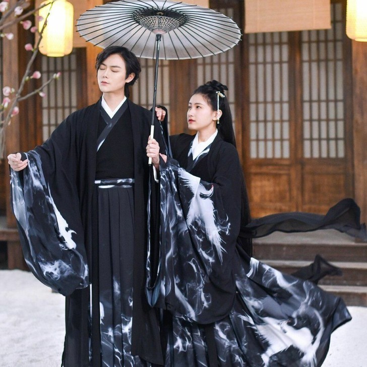 汉服重明魏晋风男女情侣交领齐腰襦裙水墨印花...