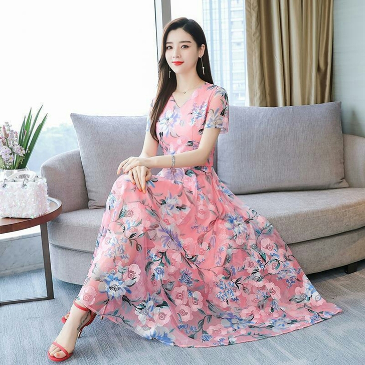 2021新款雪纺印花连衣裙夏V领长款女时尚...