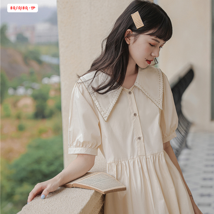2021新款法式茶歇森系初恋甜美裙子娃娃领...