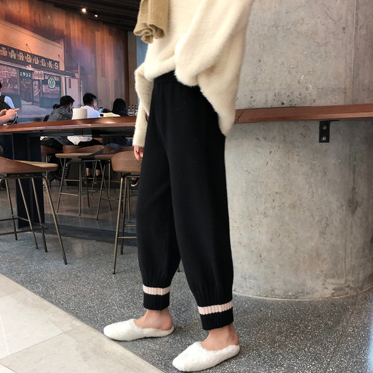 网红奶奶裤加绒加厚毛线外穿阔腿裤女春秋宽松...