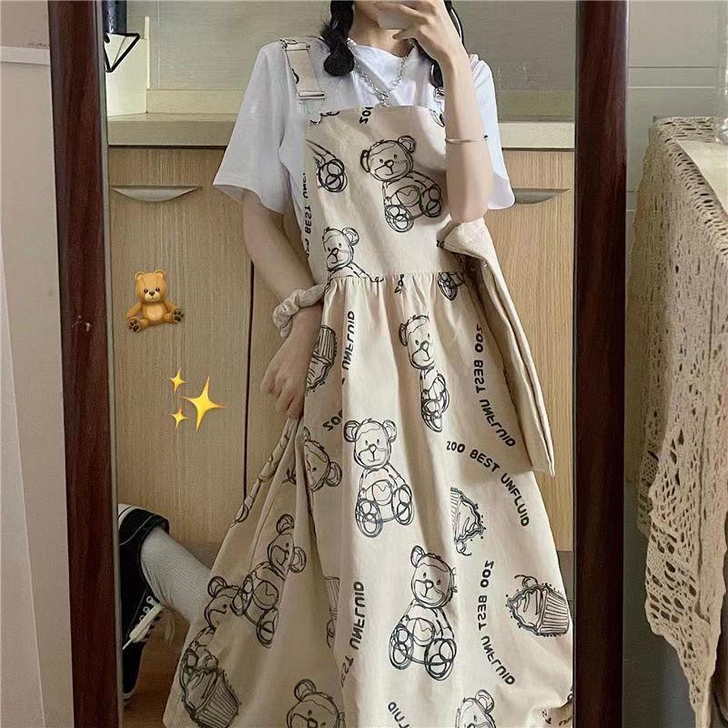 全新 夏季学院风印花小熊 背带连衣裙 女学...