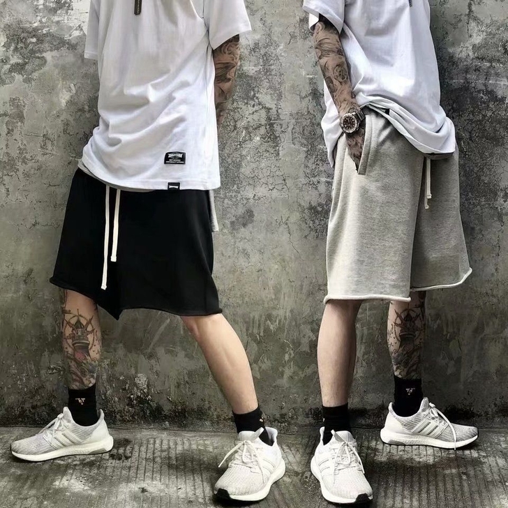 1纯色短裤男宽松五分裤男士复古黑色休闲运动...