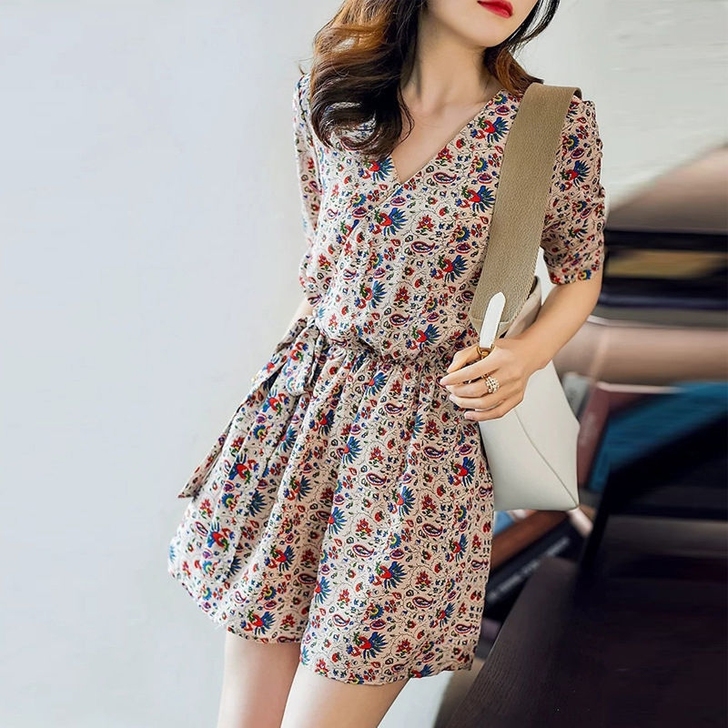 碎花雪纺连体裤女2021年夏季新款短袖阔腿...