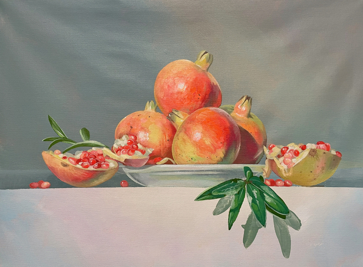 纯手绘油画，写实作品石榴，60*45亚麻油...