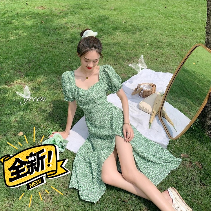 小清新碎花连衣裙女夏季法式超仙森系桔梗初恋...