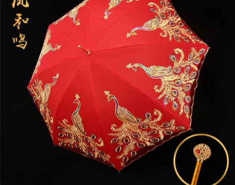 红伞结婚新娘伞女婚庆出嫁蕾丝花边刺绣长柄中...