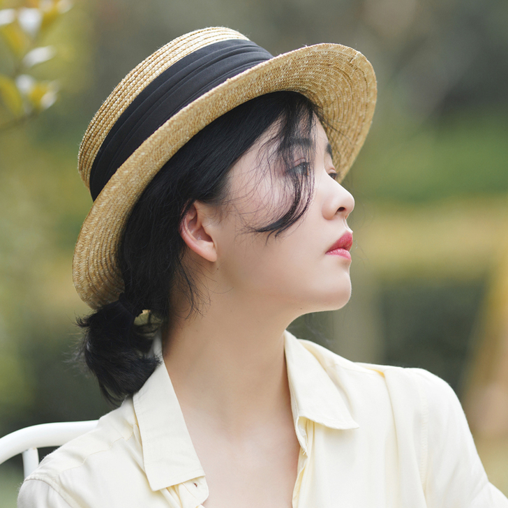 日本轻奢设计师平顶草帽女小清新春夏凹造型麦...