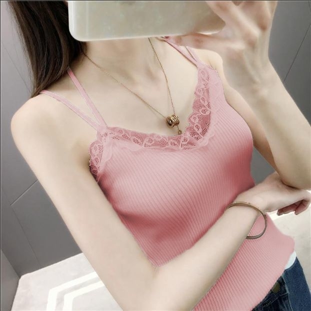 吊带背心女春秋新款蕾丝针织打底衫修身美背上...
