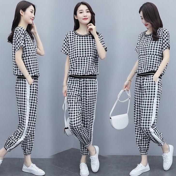 格子套装女夏季2021新款韩版气质时尚大码...