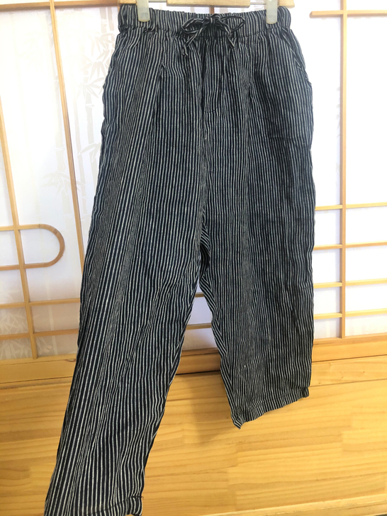 全新 七八分麻裤！黑蓝色细白条纹 ，松紧腰...