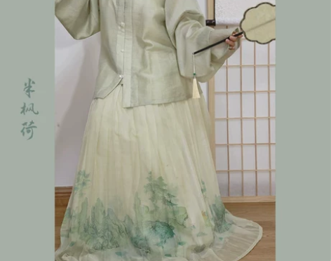 半枫荷山水百褶裙套装女夏明制上衣原创百迭裙...
