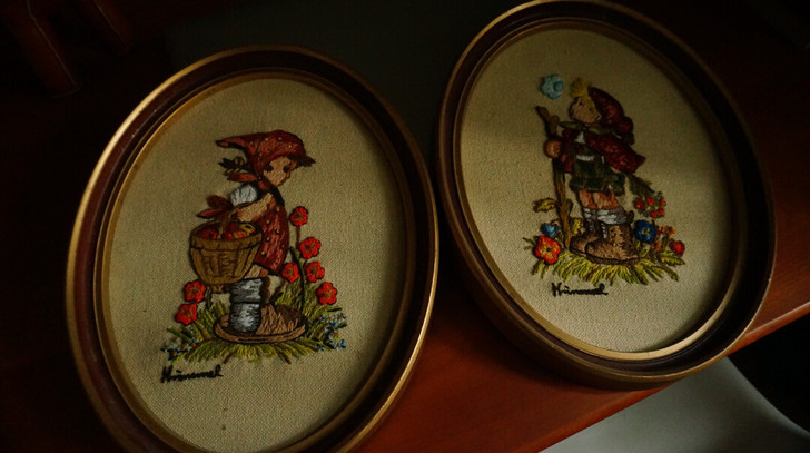 美国西洋中古vintage刺绣画男孩女孩花...