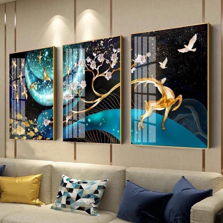 高档冰晶玻璃三联画装饰画，沙发卧室餐厅走廊...