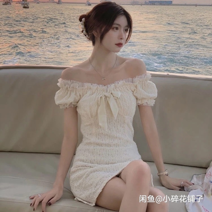 范智乔一字肩连衣裙女夏法式复古高级设计感小...