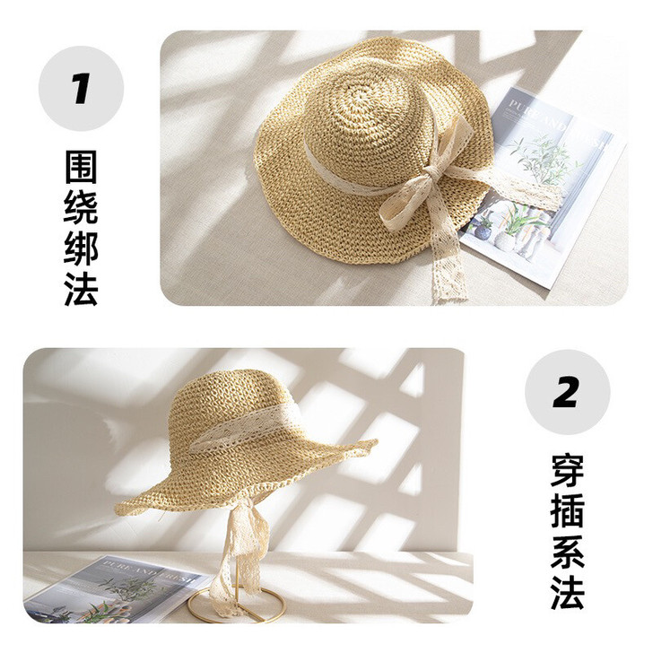 小清新蕾丝系带沙滩帽 款式：草帽/大沿帽 ...