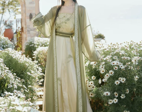 汉服十三余小豆蔻儿[庭芜梅]绿色清雅对襟长...