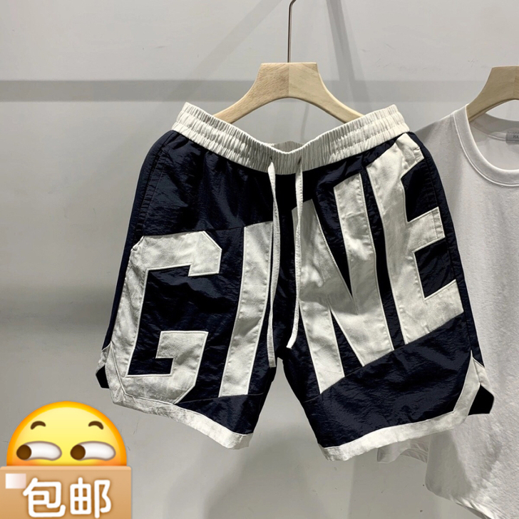 潮牌字母撞色短裤夏季男个性休闲工装运动裤薄...
