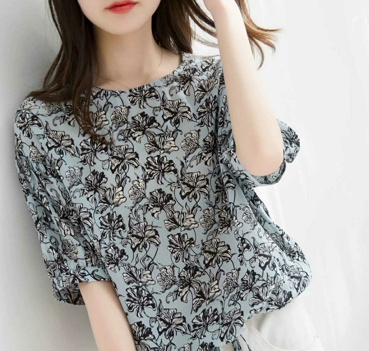 雪纺衫女中袖夏季女装2021新款蝴蝶结百搭...