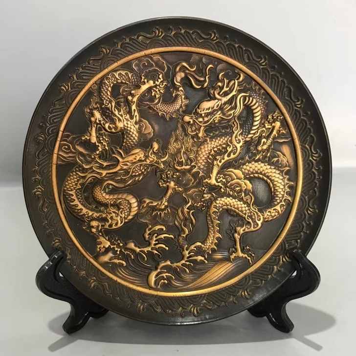 老铜鎏金双龙出海铜盘 纯铜龙赏盘 老铜碟子