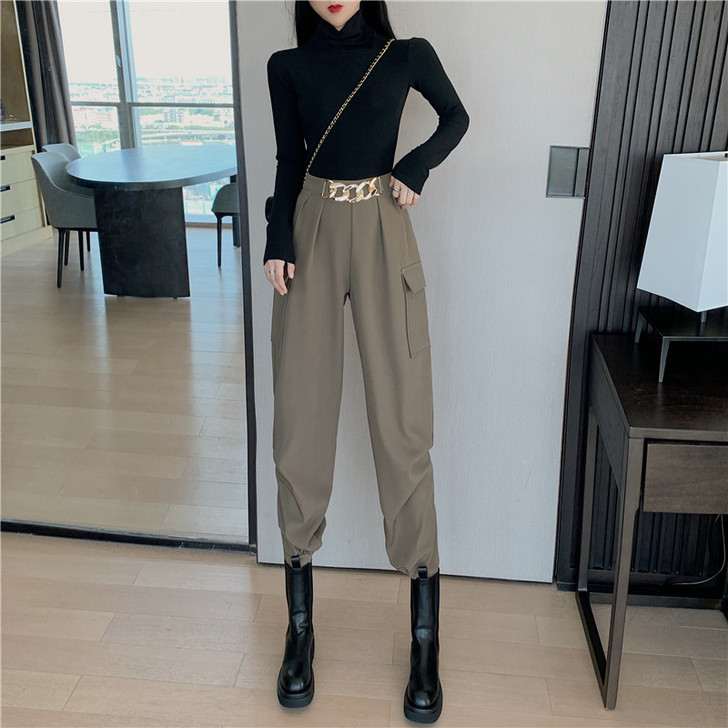 设计感春季新款高腰显瘦宽松束脚休闲裤子百搭...