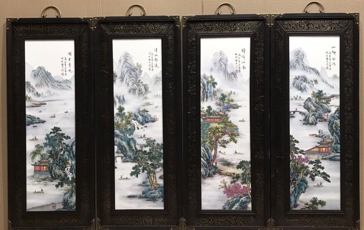 汪野亭作品红木雕刻老框包铜镶瓷板画粉山水四...