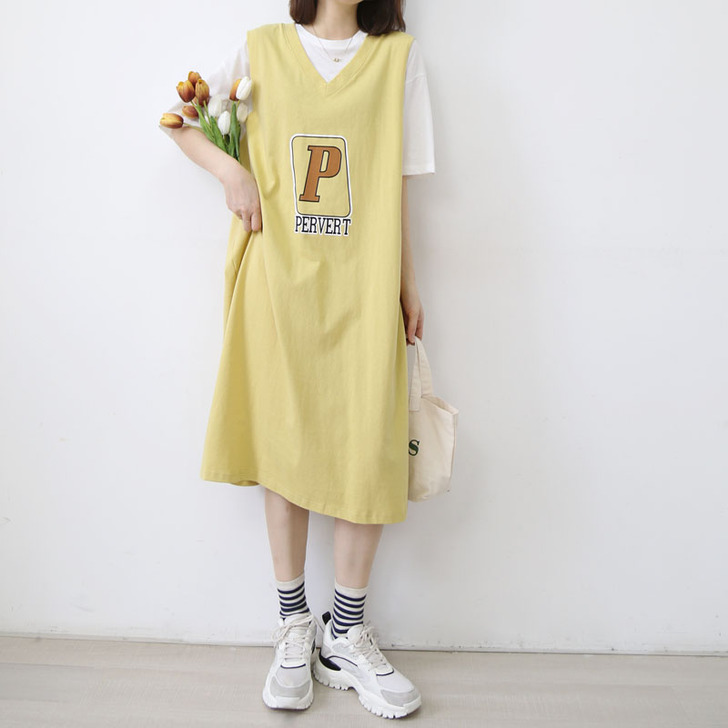 运动风直筒休闲T裙字母印花假两件连衣裙宽松...