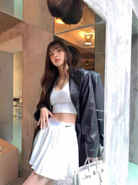 潮牌nk不规则雪纺百褶短裙高腰A字辣妹半身...